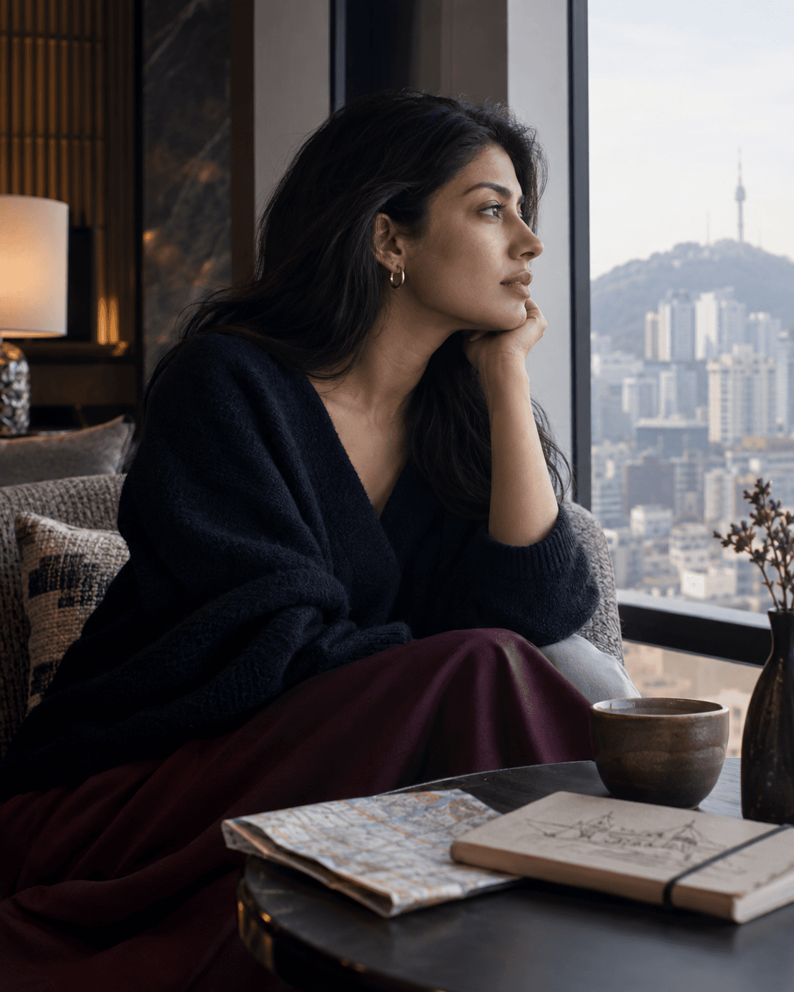 A thoughtful side-profile editorial portrait in Seoul