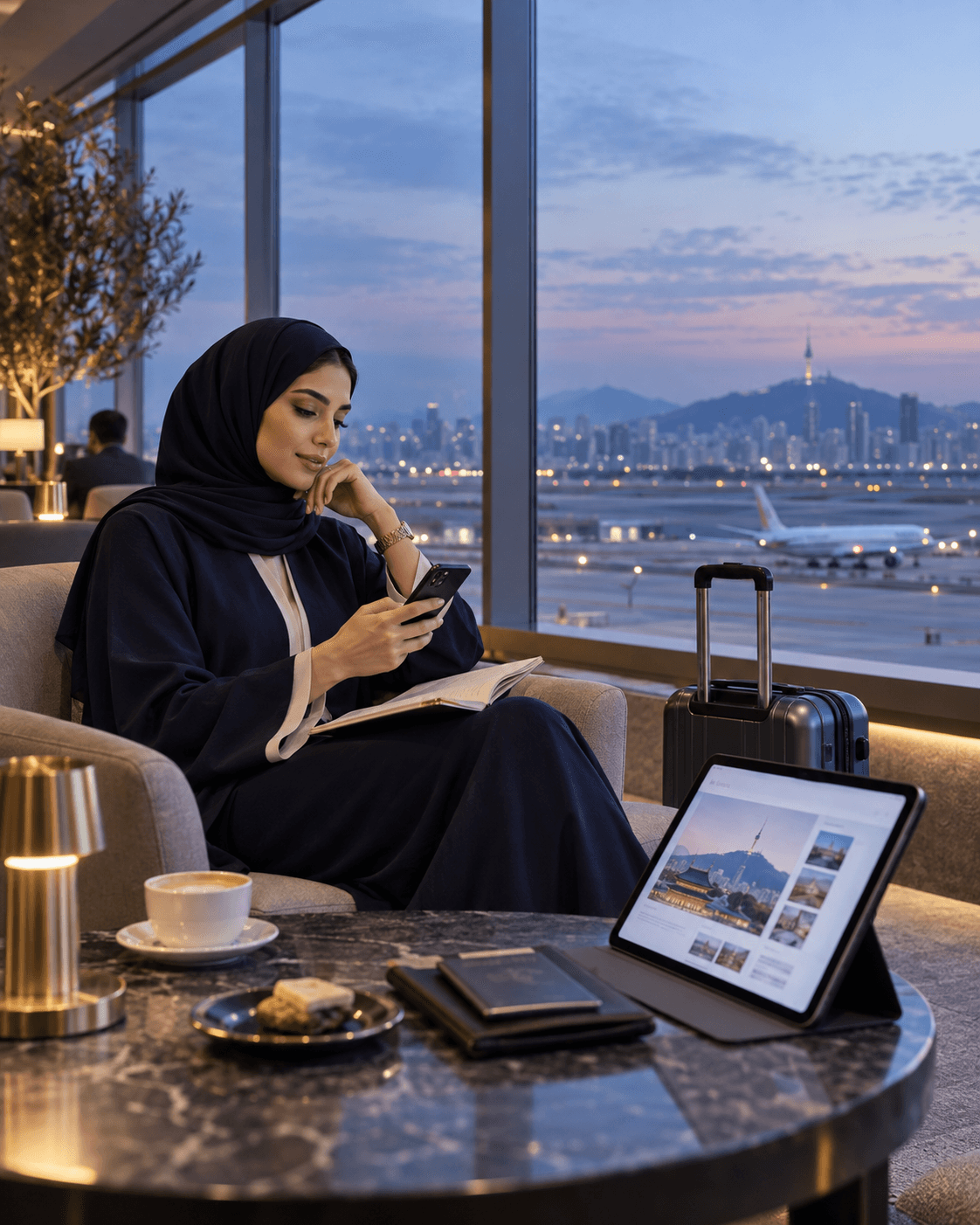 A traveller planning a Korea trip in an airport lounge