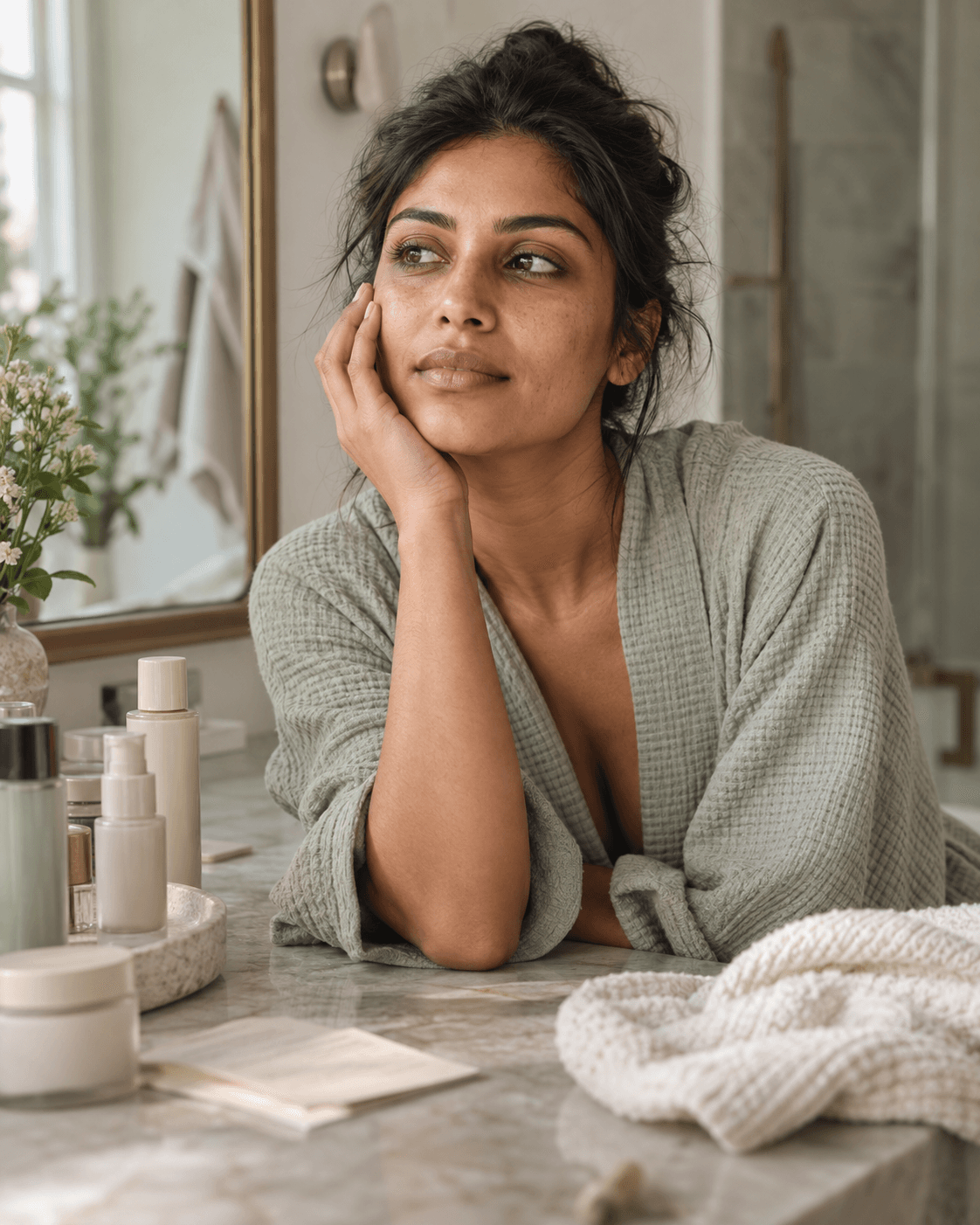A calm skincare-routine reset in a home vanity setting