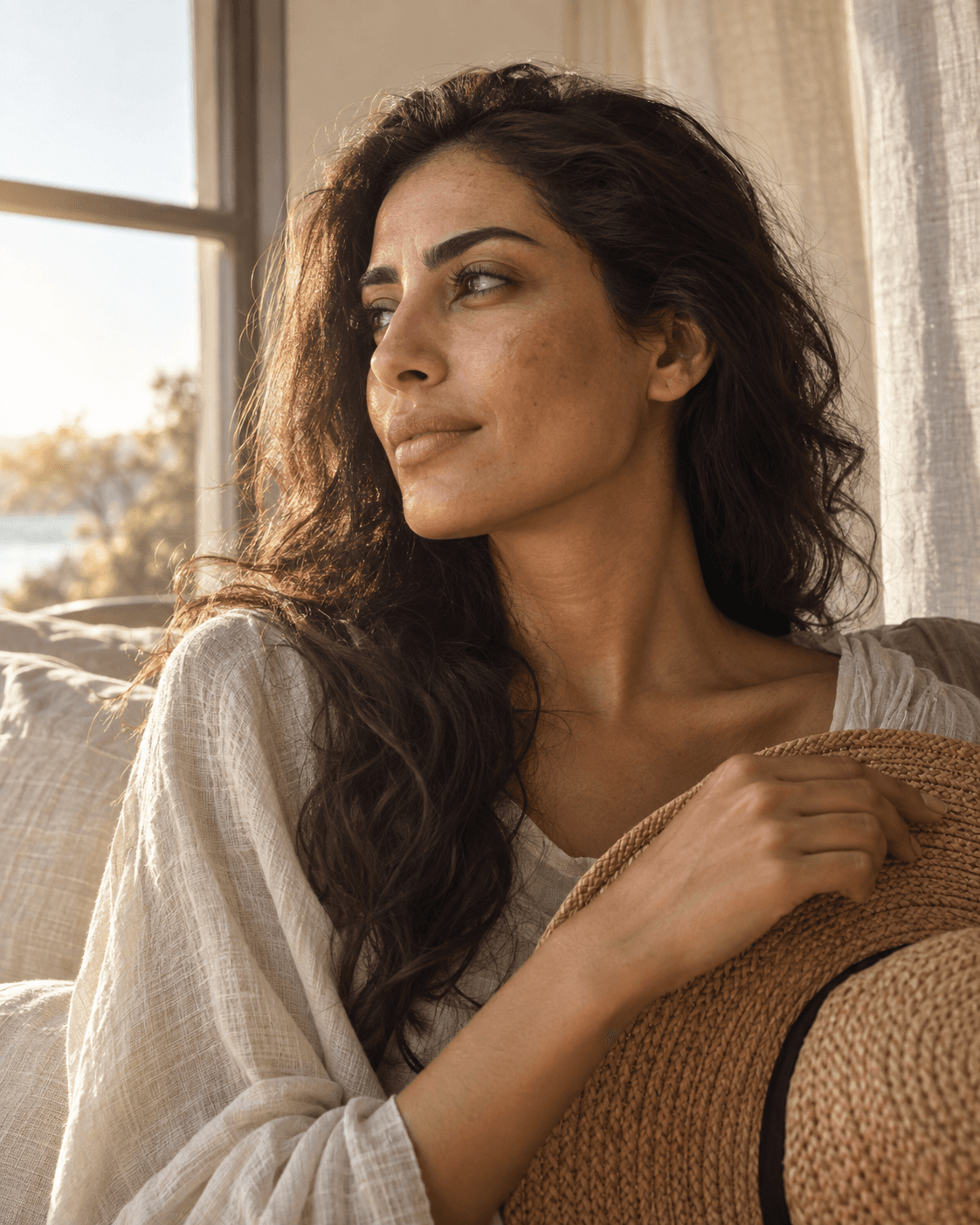 Editorial portrait in warm sunlight showing natural uneven skin tone