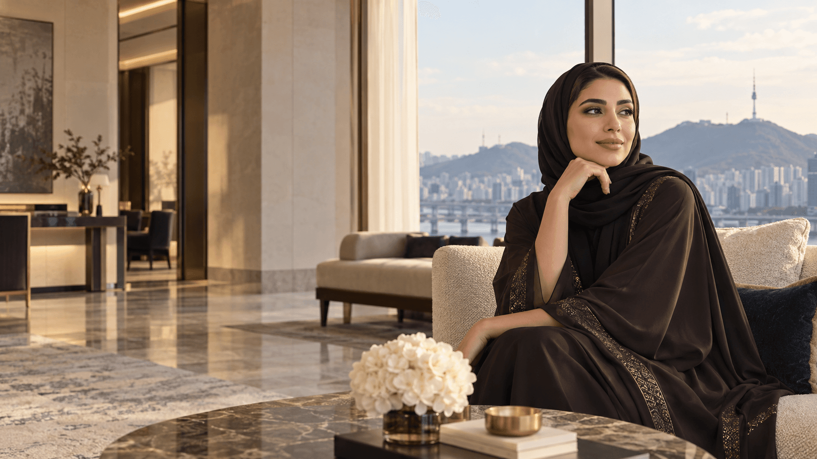 A fictional GCC woman in a refined editorial portrait