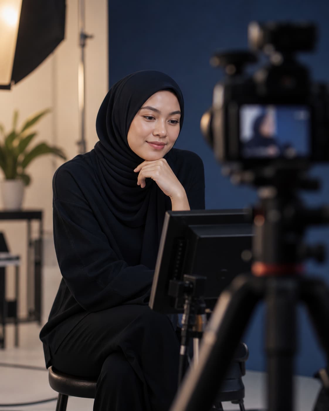 A creator preparing calmly in a professional camera setting