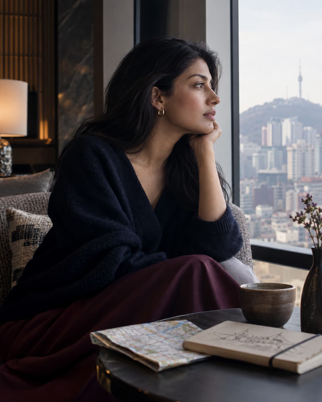 A quiet Seoul planning moment with an editorial side profile