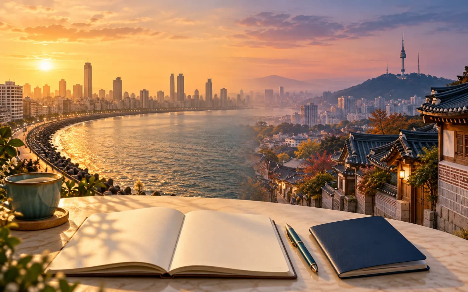 A Mumbai seafront at golden hour blending into Seoul rooftops, with a blank notebook and passport on a table